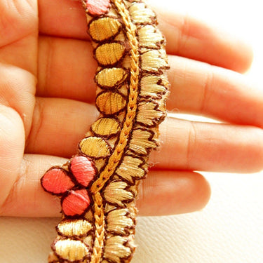 Pink And Copper One Yard Scallop Lace Trim 28mm Wide, Embroidered Trim, Decorative Trim
